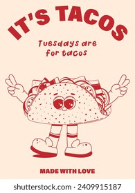 Poster with trendy retro cartoon fast food characters in linear style without shading. Modern cartoon style. Mascots for bar, restaurant menu. Vector illustration.