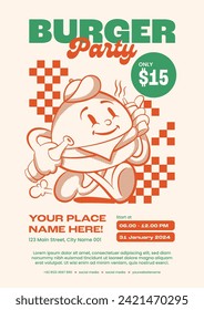 Poster with trendy retro groovy burger cartoon style on 90s character in monochrome red palette