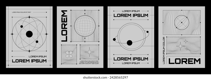 Poster in trendy y2k style with simple abstract grid shapes and patterns with black line on grey background. Vector banners set with wireframe elements and typography. Design template in 00s aesthetic