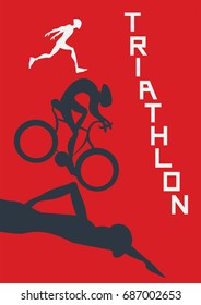 Poster for triathlon competitions. Vector illustration with runner, cyclist and swimmer on red background.