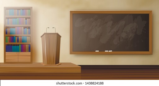 Poster Tribune Lecturer at University Realistic. Audience Educational Institution. Tribune for Teacher in Lecture Hall. Sound Equipment for Training from Podium. Vector Illustration.