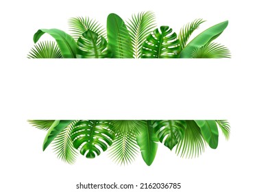 Poster with tropical 3D realistic leaves, exotic background. Vector border with spare place for text, jungle foliage backdrop. Vibrant greenery decoration, spring leaf and branches, vacation nature