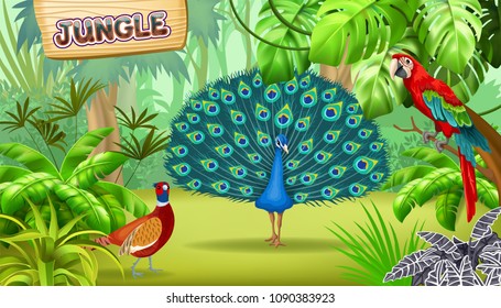 Poster tropical jungle   birds  Game landscape scene   Vector illustration 