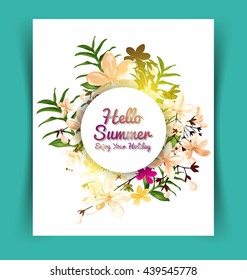 Poster with tropical leaf and lettering hello summer. 