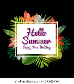 Poster with tropical leaf and lettering hello summer. 