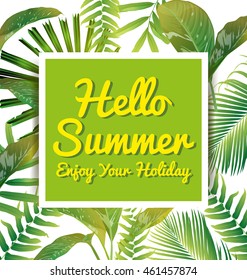 poster with tropical leaf and lettering hello summer
