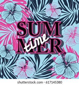 poster with tropical leaves  and flowers