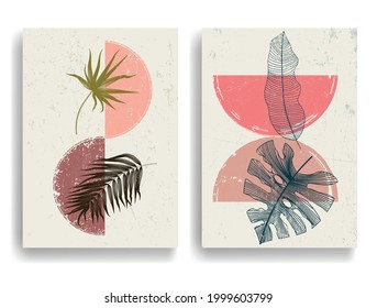 Poster with tropical leaves and geometric shapes in Boho style . Minimal design with grange elements . Mid century trendy brochure . Modern art .Vector illustration. 