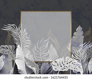 Poster with tropical leaves and gold frame. Vector.