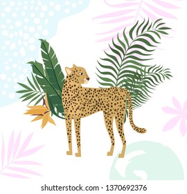 Poster with tropical leaves and leopards. Editable vector illustration