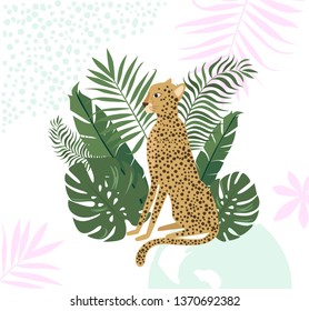 Poster with tropical leaves and leopards. Editable vector illustration