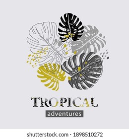 poster of tropical leaves pattern in monochrome and green colors. Monstera leaves for textiles and stationery design. etc,