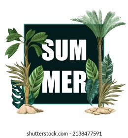 Poster with tropical leaves and trees. Vector