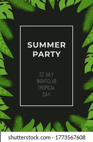 Poster with tropical leaves. Vector illustration of a discounted summer banner.