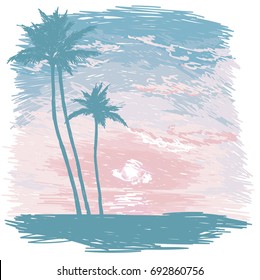 Poster With Tropical Paradise, Ocean Sunrise Or Tender Sunset In Sketch Style, Vector Illustration