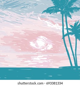 poster with tropical paradise, ocean sunrise or tender sunset in sketch style, vector illustration