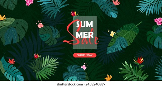 Cartel con plantas tropicales, venta de verano