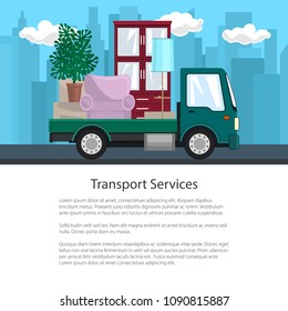 Poster of Truck with Furniture on the Background of the City, Transport Services and Logistics, Shipping and Freight of Goods, Flyer Brochure Design, Vector Illustration