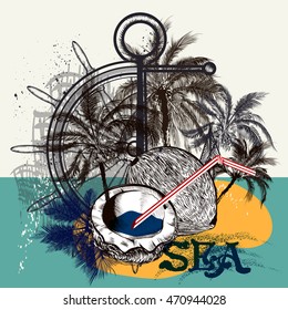 Poster or T-shirt print design with palm trees steering wheel and coco nuts symbol of sea rest, summer vacations