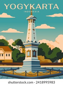 Poster with Tugu Yogyakarta. Landscape with famous tourist architectural landmark of Indonesia. Journey in Asia. Popular travel destination for summer vacation. Cartoon flat vector illustration