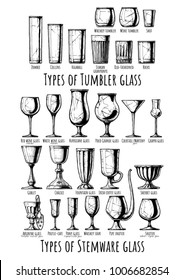 Poster with tumbler and stemware glasses types infographic. Illustration in ink hand drawn style.