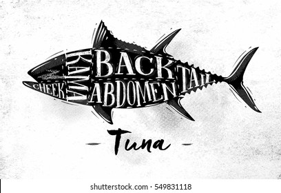 Poster tuna cutting scheme lettering cheek, kama, abdomen, back, tail in vintage style drawing on dirty paper background