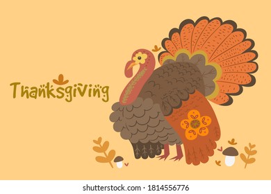 Poster with turkey in warm colors and the word Thanksgiving. Vector graphics