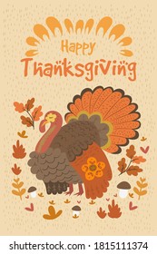 Poster with turkey in warm colors and the words Happy thanksgiving. Vector graphics