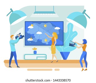 Poster Tw Broadcast Weather Forecast Cartoon. Young Woman is Filming Television in Weather Forecast. Male Cameraman Works in Studio. Girl Assistant Work on Set. Vector Illustration.