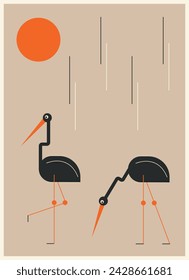 póster con dos garzas negras y una ilustración vectorial de sol rojo