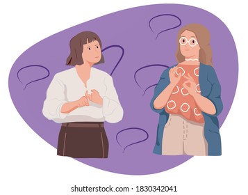 poster two deaf-mute girls, with a lack of communication using sign language, hands and fingers. template vector flat illustration