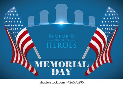 Poster with two flags, tombstones and greeting message to pay tribute to the fallen heroes in Memorial Day.