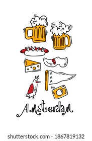 Poster with two glasses of beer, cheese, amsterdam flag, hot dog, camera, seagull and klomps. Amsterdam vector elements set. Travel and Tourism Concept. Travel poster, postcard