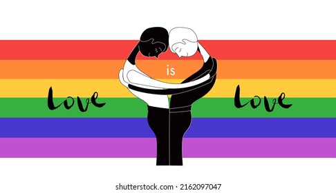 A poster of two guys hugging with a rainbow