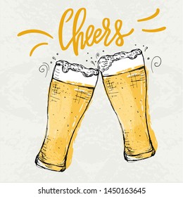 Poster with two hand drawn beer glasses and word Cheers