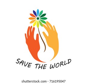 Poster with two hand hold  flower and save the world text,Vector illustration.