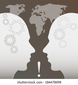 Poster with two human silhouette and brain with gears isolated on lined world map background business concept illustration