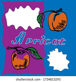 Poster two orange apricot on a blue and lilac background and the inscription Apricot. Two white insets for inscriptions.