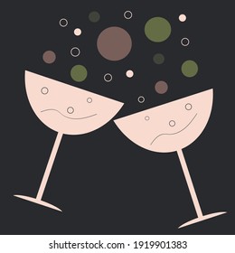 Cartel con dos vasos retro para el vino espumoso. Pancarta de diseño para bares y restaurantes sobre temas alcohólicos.