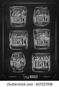 Poster types of whiskey with glasses lettering malt, corn, grain, blended, single post still, rye in vintage style drawing with chalk on chalkboard background