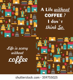  Poster with typography. Vector background with illustration coffee makers and products.