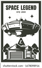 Poster UFO object, kidnapping. Vector illustration. Print on T-shirt