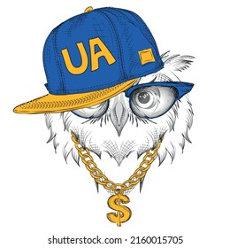 The poster with Ukrainian owl portrait in hip-hop hat. Vector illustration.