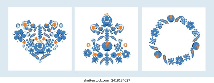 Poster in Ukrainian style. Traditional Ukrainian painting of Petrykiv. Elements of blue and yellow floral ornament. 