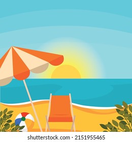 Dibujo vectorial del paisaje de la playa de los paraguas de los carteles