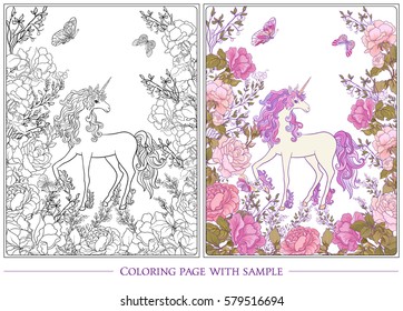 Poster with the unicorn, a bouquet of roses and butterflies on white background. Outline drawing coloring page with colored sample. Coloring book for adult. Stock vector.
