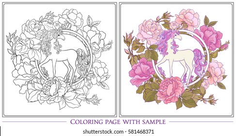 Poster with the unicorn, a bouquet of roses and butterflies on white background. Outline drawing coloring page with colored sample. Coloring book for adult. Stock vector.
