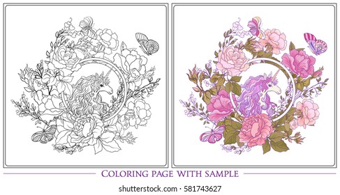 Poster with the unicorn, a bouquet of roses and butterflies on white background. Outline drawing coloring page with colored sample. Coloring book for adult. Stock vector.
