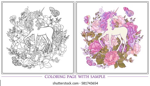 Poster with the unicorn, a bouquet of roses and butterflies on white background. Outline drawing coloring page with colored sample. Coloring book for adult. Stock vector.
