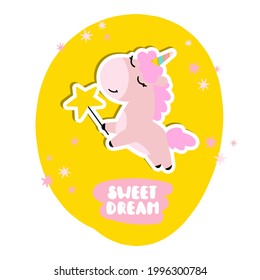 Ein Poster mit einem Einhorn. Helle Vektordesign für ein Kinderzimmer